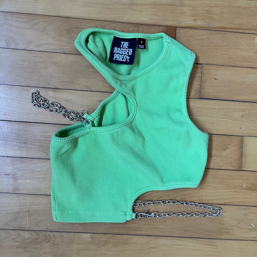 The Ragged Priest Lime Green Asymmetrical Ribbed Chain Crop Top Size 8 UK Rave